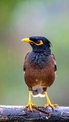 Myna Bird Perched on Branch in Natural Habitat.