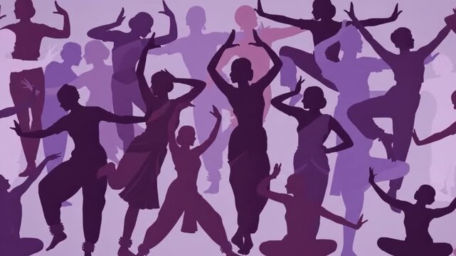 Silhouettes of diverse dancers performing traditional indian dance poses in layers