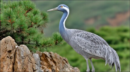 Obraz premium Elegant blue crane standing on rocky terrain near green foliage with a blurred natural background