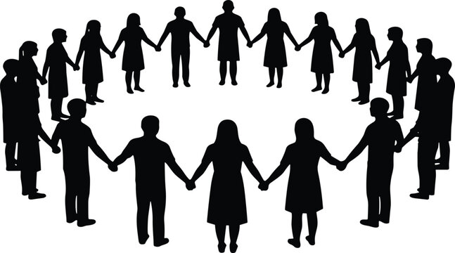 Silhouette, community, unity, teamwork, diversity, people, circle, holding hands, cooperation, togetherness, support, connection,