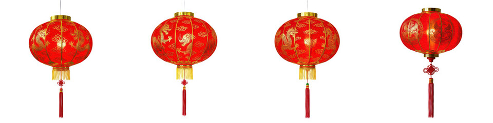 Set of Traditional Red Chinese Lanterns with Golden Patterns and Tassels Isolated on Transparent Background PNG © Anees
