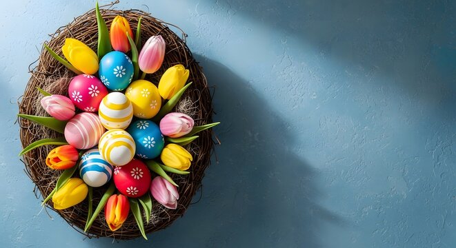 Easter eggs and tulips in a beautiful easter basket decoration