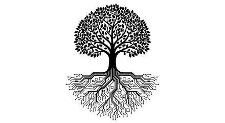 Tree with circuit board roots, nature and technology connection concept, isolated white background. © paijo