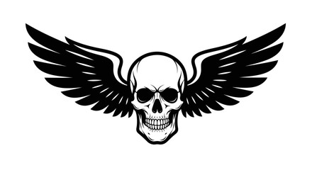 Flying skull with outstretched wings, death and freedom concept, isolated white background.