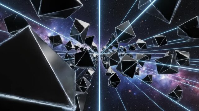 Abstract Octahedrons Float Through Space With Laser Grid Formation