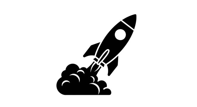 Rocket launching upwards with smoke, startup and progress concept, isolated white background.
