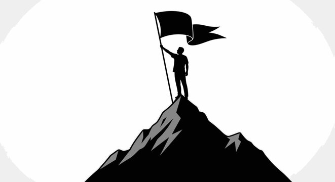 Person standing on mountain top with flag, success achievement concept, isolated white background.