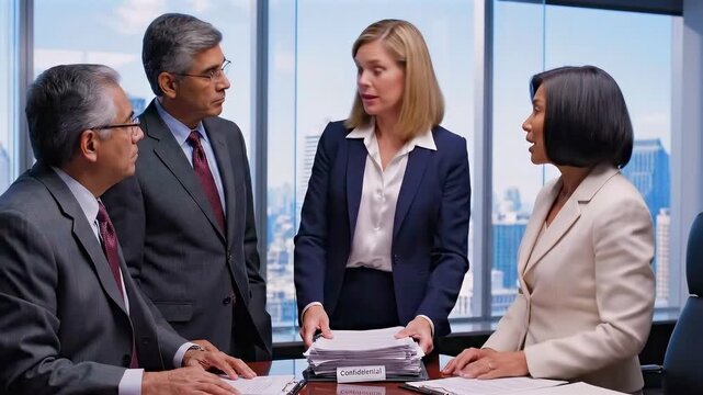Senior managers negotiate terms while reviewing contract documentation together - Top executives gather around to scrutinize and finalize contractual agreements collaboratively