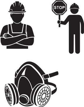 Construction worker stop sign holder and gas mask silhouette icons