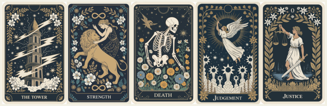 Five vintage-style tarot cards with dark blue and gold mystical illustrations, featuring The Tower, Strength, Death, Judgement, and Justice, arranged horizontally.