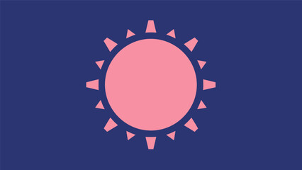 Pink sun icon on blue background, simple graphic illustration.