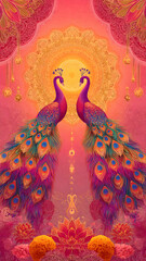 Obraz premium Vibrant Peacocks Facing Each Other with Intricate Feathers and Ornate Background.
