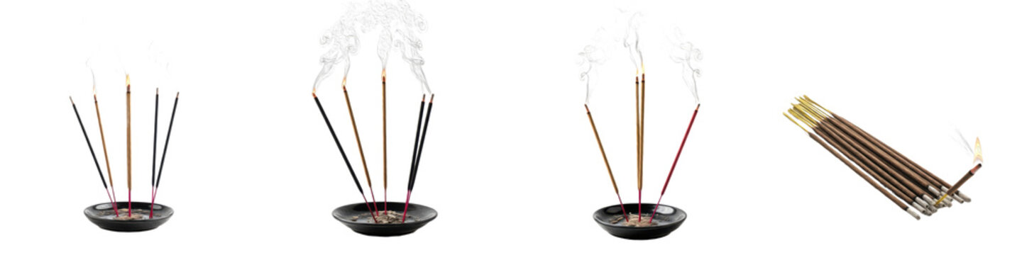 Set of aromatic incense sticks with smoke in ceramic holder isolated on transparent background, oil paint
