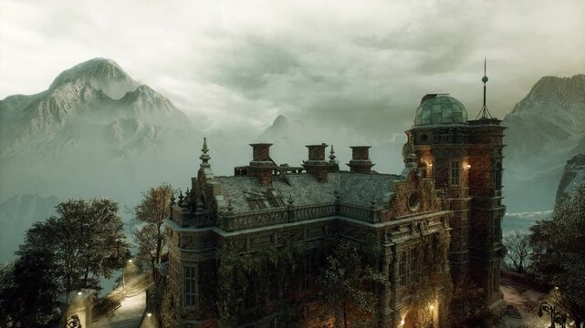 Grand rooftop panorama under overcast sky, elaborate cornices and domes frame distant peaks, muted light enhances texture and scale, stately architectural