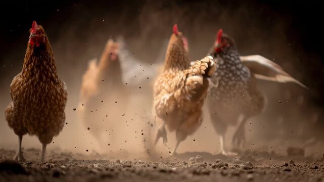 Chickens dust bathing on dry ground in farmyard showing natural poultry behavior and rural life