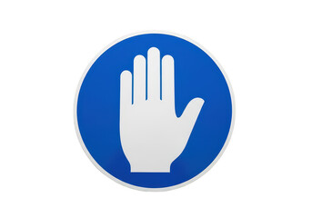 Obraz premium Stop hand sign in blue circle on gray background