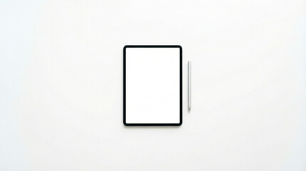 Minimalist top view of digital tablet with blank white screen and white stylus pen on white desk. Clean mockup background. Generative AI.