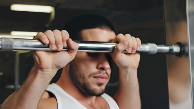 Young Man Doing Pull Ups On Bar In Modern Gym