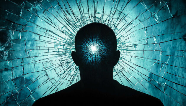 Man silhouette fragmented by shattered glass. Blue light bursts outward, symbolizing mental breakdown and identity loss.