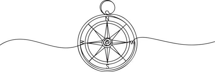 One continuous line drawing of traveller compass, Continuous Line Drawing of Compass Icon. one line Art icon drawing vector © MDROBIUL