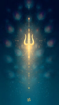 Glowing Trishul Symbol with Om in Mystical Blue Background.