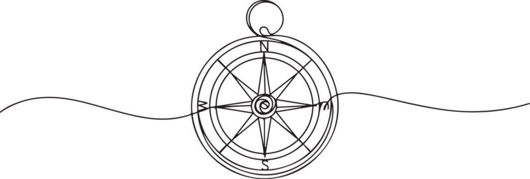 One continuous line drawing of traveller compass, Continuous Line Drawing of Compass Icon. one line Art icon drawing vector