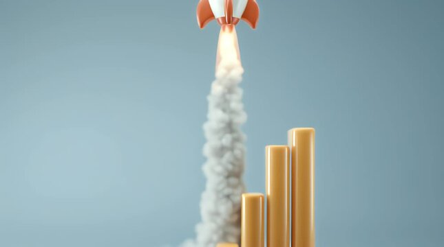 A rocket ship takes off, emitting smoke and flames, soaring past ascending gold bars on a blue background