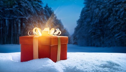 Magical Glowing Red Christmas Gift Box Illuminated With Warm Golden Light In A Snowy Winter Forest At Night