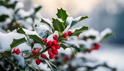 Closeup Of Holly Bush Evergreen With Red Berries In Winter With Snow