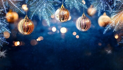 Festive Winter Holiday Background With Glowing Ornaments Snow Sparkle Effect Dark Blue Night Sky Magical Atmosphere