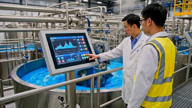 process engineers review reactor mixing and dashboard telemetry at industrial plant - touchscreen controls and stainless vessels - safety protocols and real time data visualization