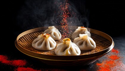 Ravioli Xiao Long Bao Fumantes Saupoudrees D Epices Rouge Vif Et Dorees Sur Un Fond Noir