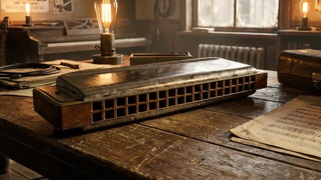  large bass harmonica placed on wooden table inside blues studio video