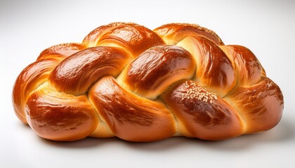 A Golden Brown Freshly Baked Challah Bread Loaf Meticulously Braided And Presented On A Clean White Background