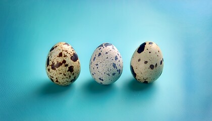 Three Quail Eggs With Speckled Shells Resting On A Light Blue Background Symbolizing New Beginnings And Natural Delicacy