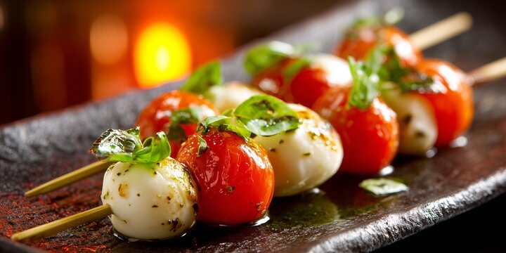 Bite-sized skewer of mozzarella, tomato, and basil drizzled with olive oil, resting on dark ceramic plate under warm lighting. Fresh appetizer with Italian flavor and elegant simplicity.