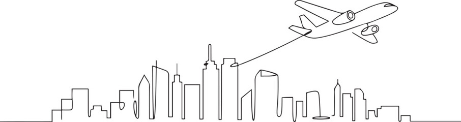 abstract modern city skyline with skyscrapers and airplane in sky - single line vector graphics on white background. one line Art icon drawing vector © MDROBIUL