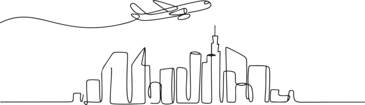 abstract modern city skyline with skyscrapers and airplane in sky - single line vector graphics on white background. one line Art icon drawing vector