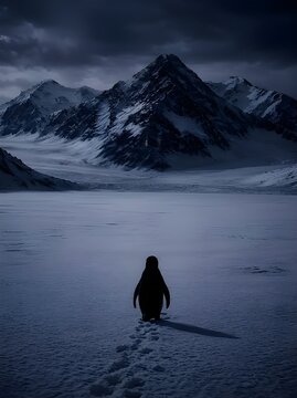 Lonely Emperor Penguin Walking Toward Distant Mountains &ndash; The Nihilist Penguin Journey