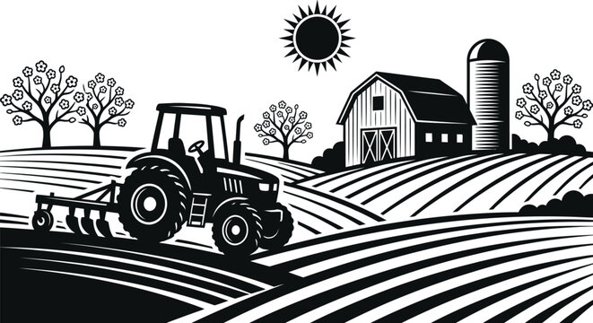 Farm landscape with tractor in spring vector