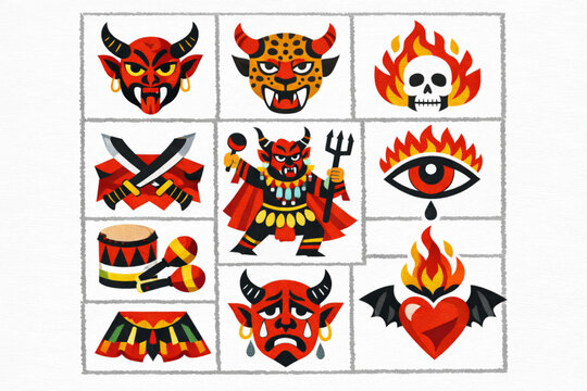 Guatemalan devil dance icon set in vector style
