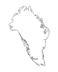 Greenland island detailed accurate border line simple hand drawn minimalist outline vector illustration, arctic country territory with Nuuk capital city for geography, travel, education design project