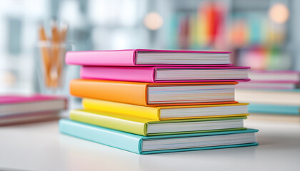 Close-up of colorful stacked documents representing business reports, educational materials, and organized paperwork