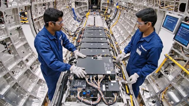 Technicians installing battery modules inside fuselage - careful wiring and connector checks performed in aircraft production bay as engineers align packs and test electrical systems