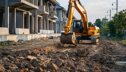 Obraz premium Construction site with excavator working on new housing development project in progress on a cloudy day from a distance