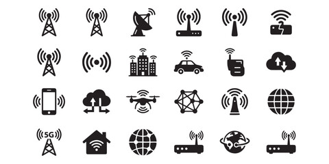 Wireless Communication and Broadcasting Icons Set in Minimalist Vector Style.