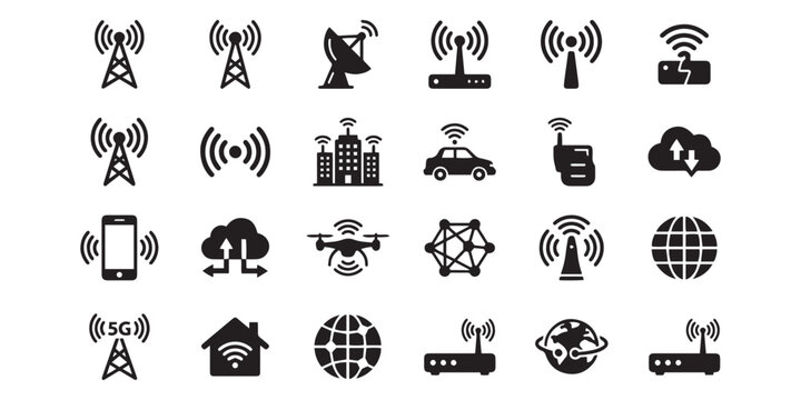 Wireless Communication and Broadcasting Icons Set in Minimalist Vector Style.