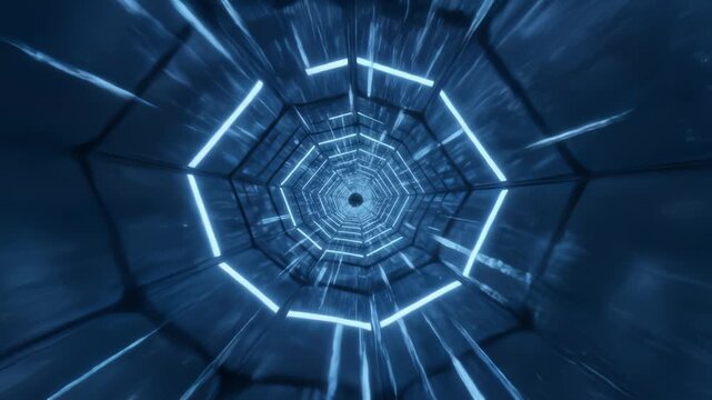 Flying Through a Sci-Fi Octagon Tunnel With Glowing Blue Lights