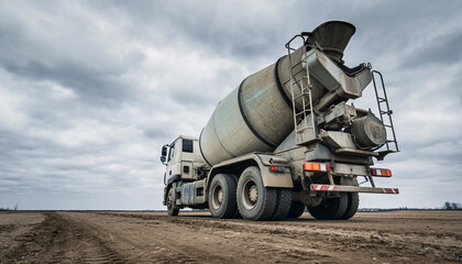 A large cement mixer truck driving on a dirt road under a cloudy sky with a dramatic viewpoint
