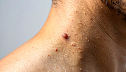Fototapeta premium Person's neck showing multiple skin tags and moles